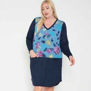 Plus Size Navy Floral Long Sleeve Spring Color Blocked Midi Dress